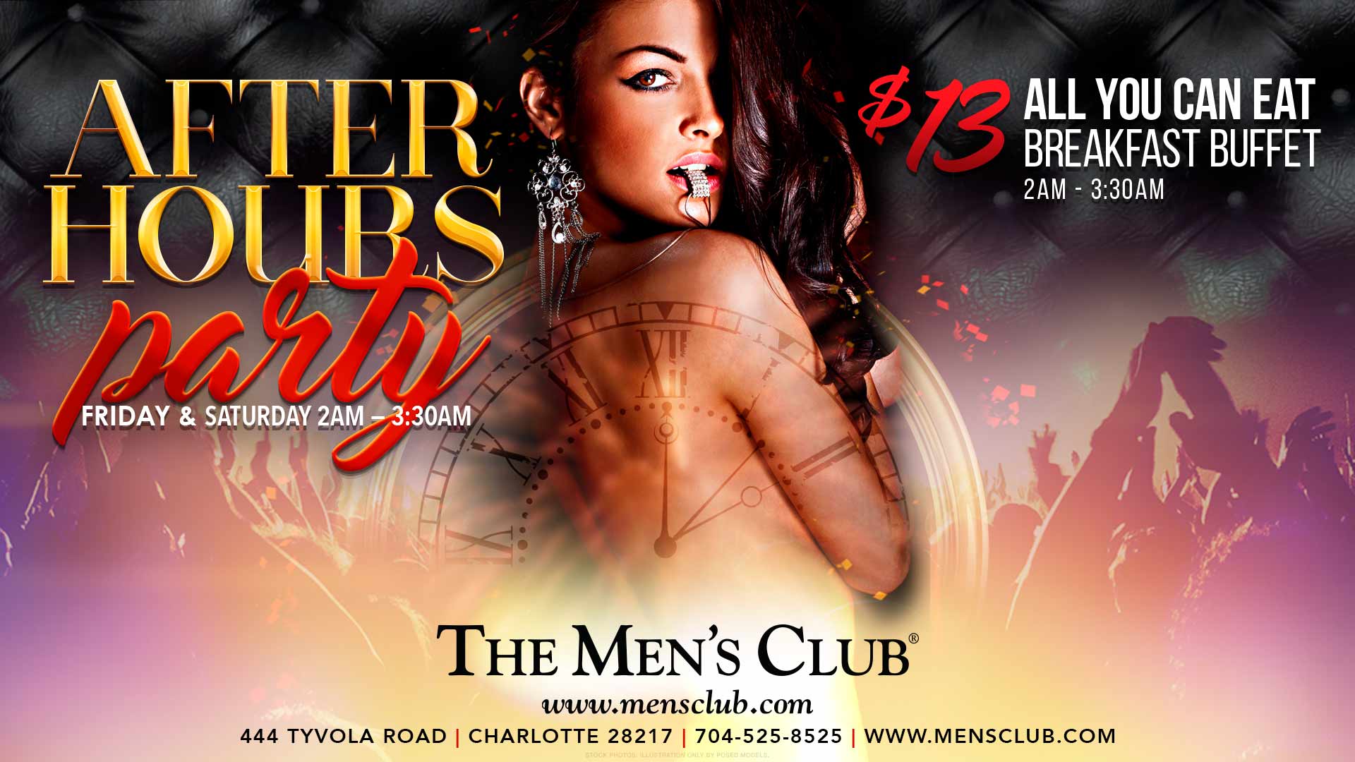 image of sexy woman bare backside promoting After Hours Party Friday and Saturday at The Men's Club of Charlotte