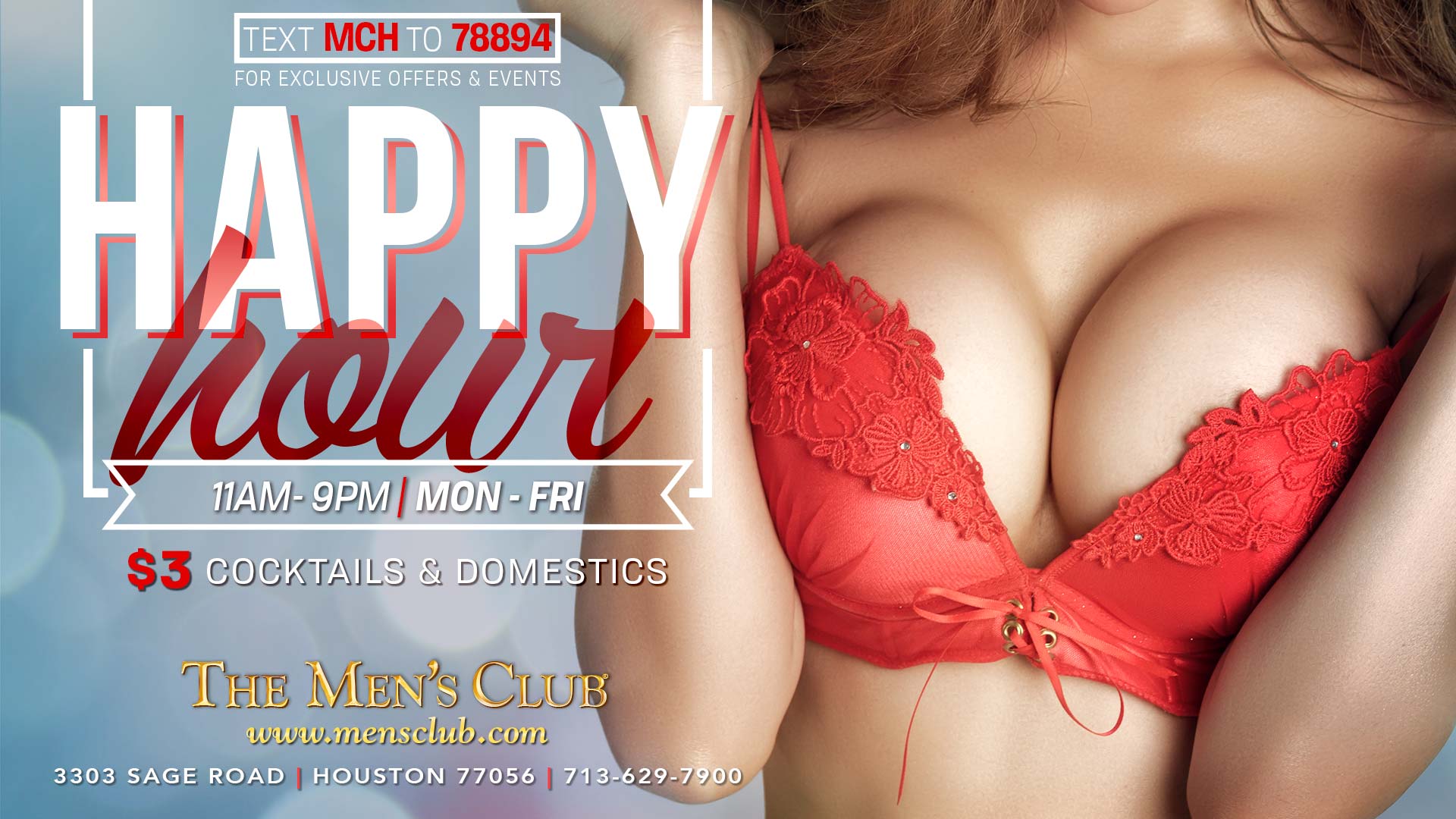image of sexy woman in tight red bra promoting The Men's Club of Houston's Happy Hour promo