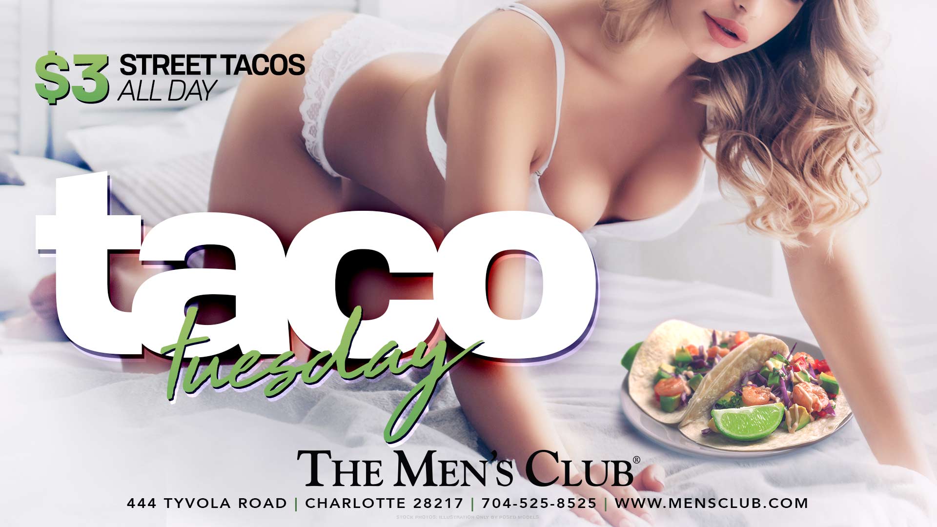 image of sexy woman leaning over plate of tacos for Taco Tuesday at The Men's Club of Charlotte