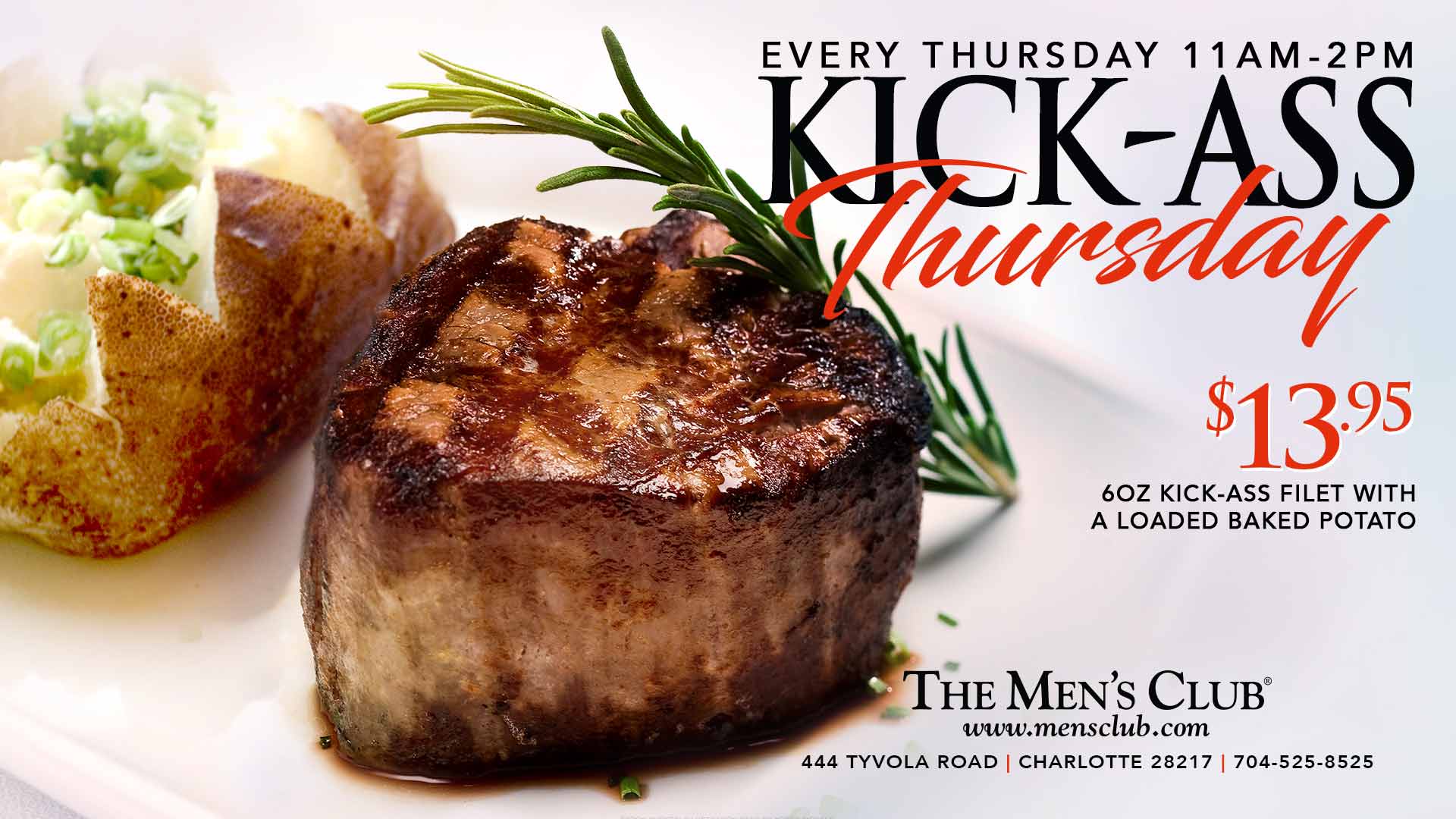 image of savory 6oz kick-ass filet with a loaded baked potato for only $13.95 at The Men's Club of Charlotte